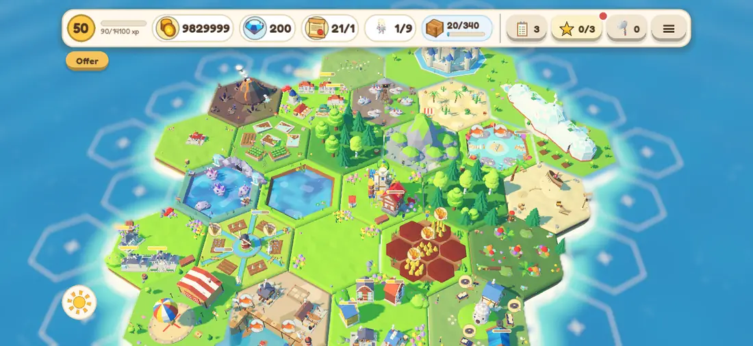 Screenshot of a big Hexland island with many kinds of tiles