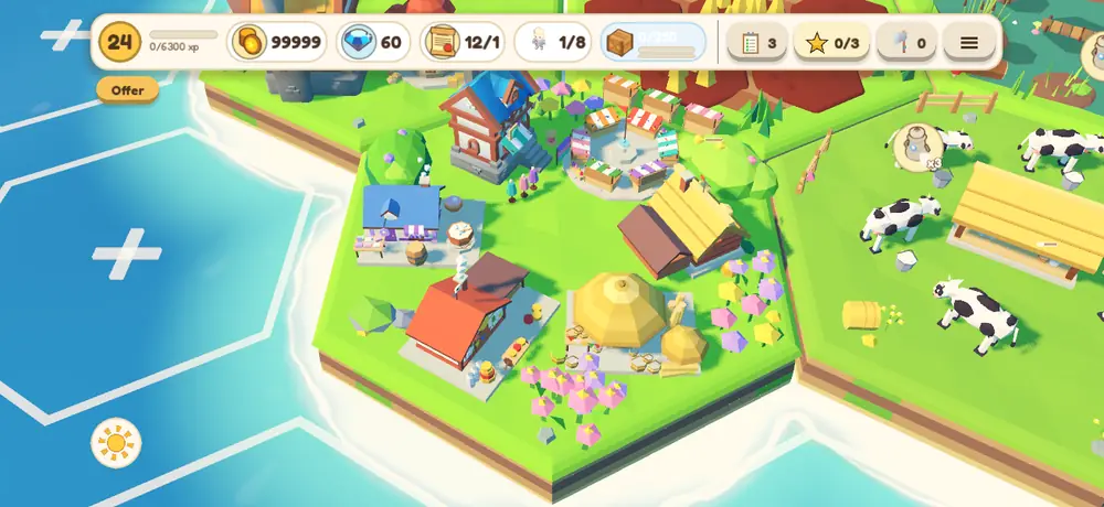 The island by day, with cows and villages